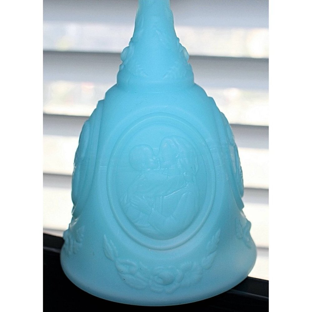 Vintage Fenton Art Glass - Milk Glass Bell with Original Sticker, Madonna +Child